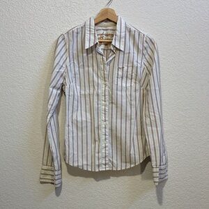 Hollister White and Brown Striped Button Down Shirt